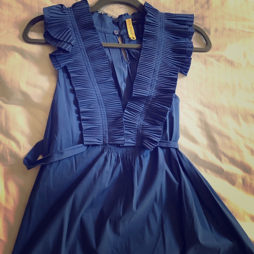 Blue Sleeveless BCBG Ruffle Tie Blouse